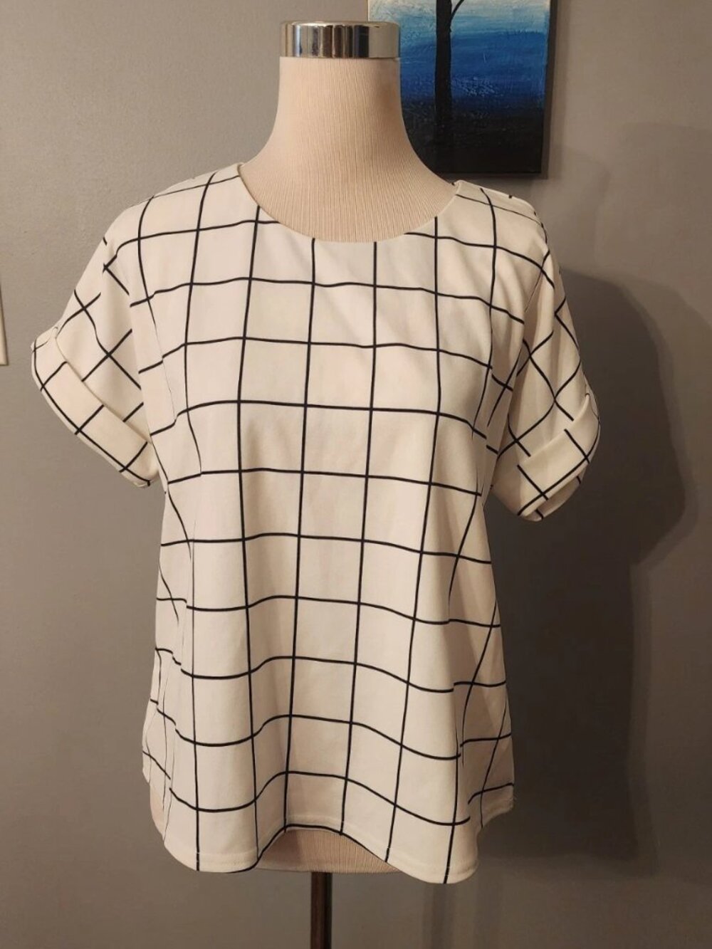 Melloday White and Black Grid Print Short Sleeve Back Zipper Top Size Small